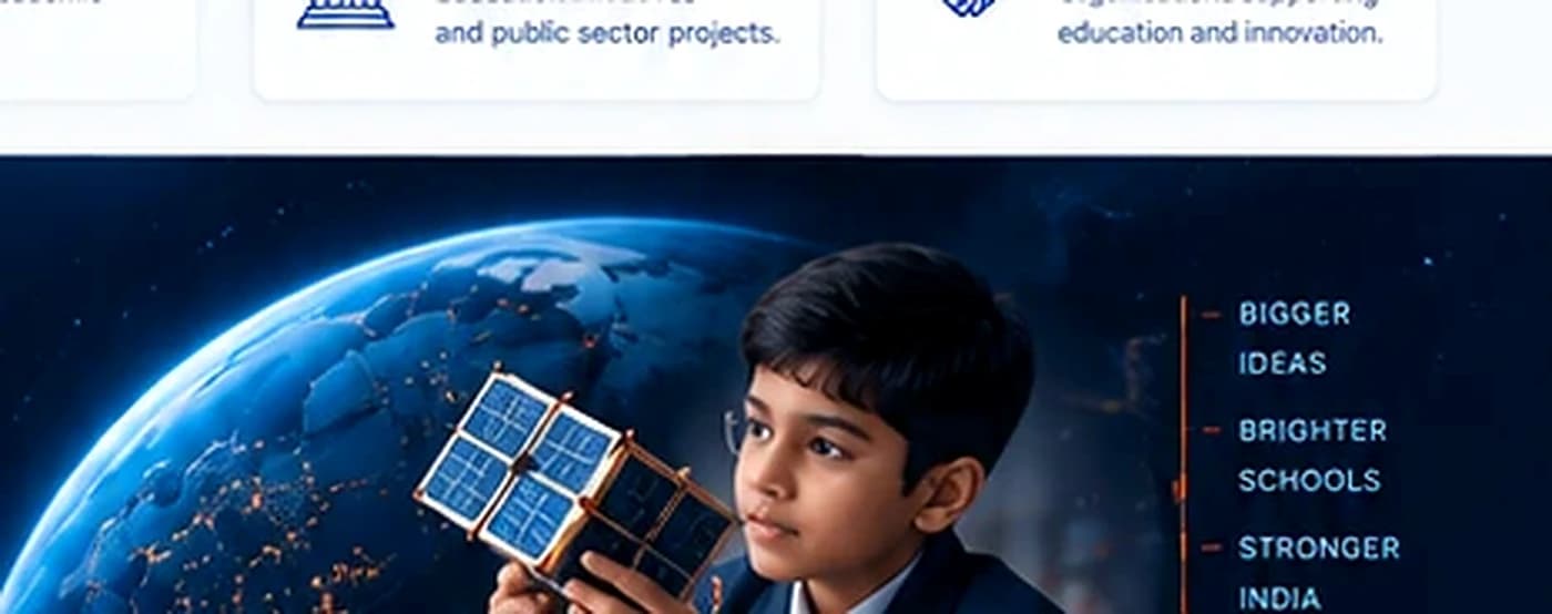 Student holding a satellite model against a future-focused learning backdrop