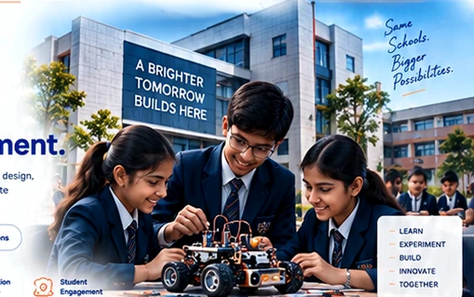 Students building a robotics project outside a modern school campus
